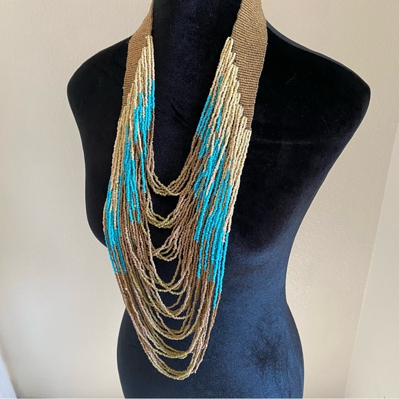 Drape Bead Necklace, Gold Turquoise, 22in - Picture 2 of 14